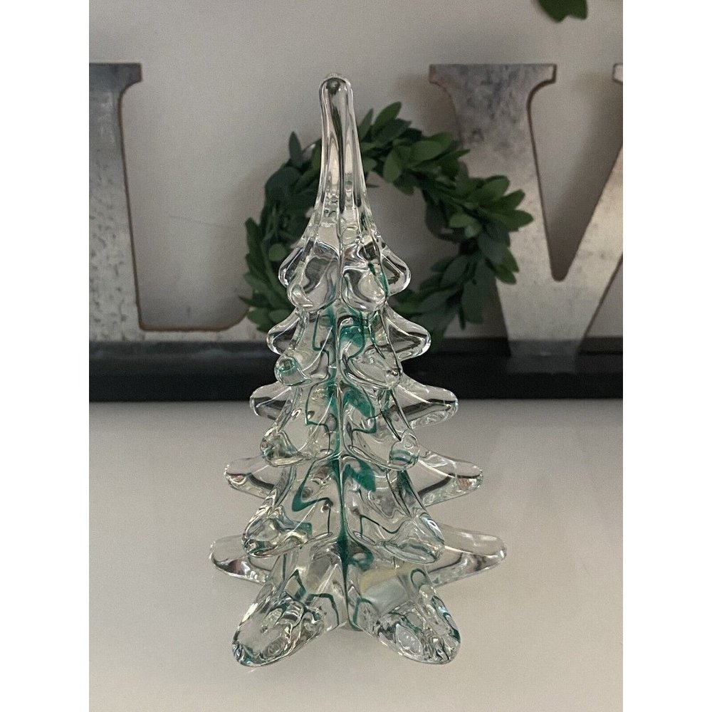 Vintage ROC Clear Crystal Green Ribbon Christmas Tree or Paperweight 4.5" Taiwan